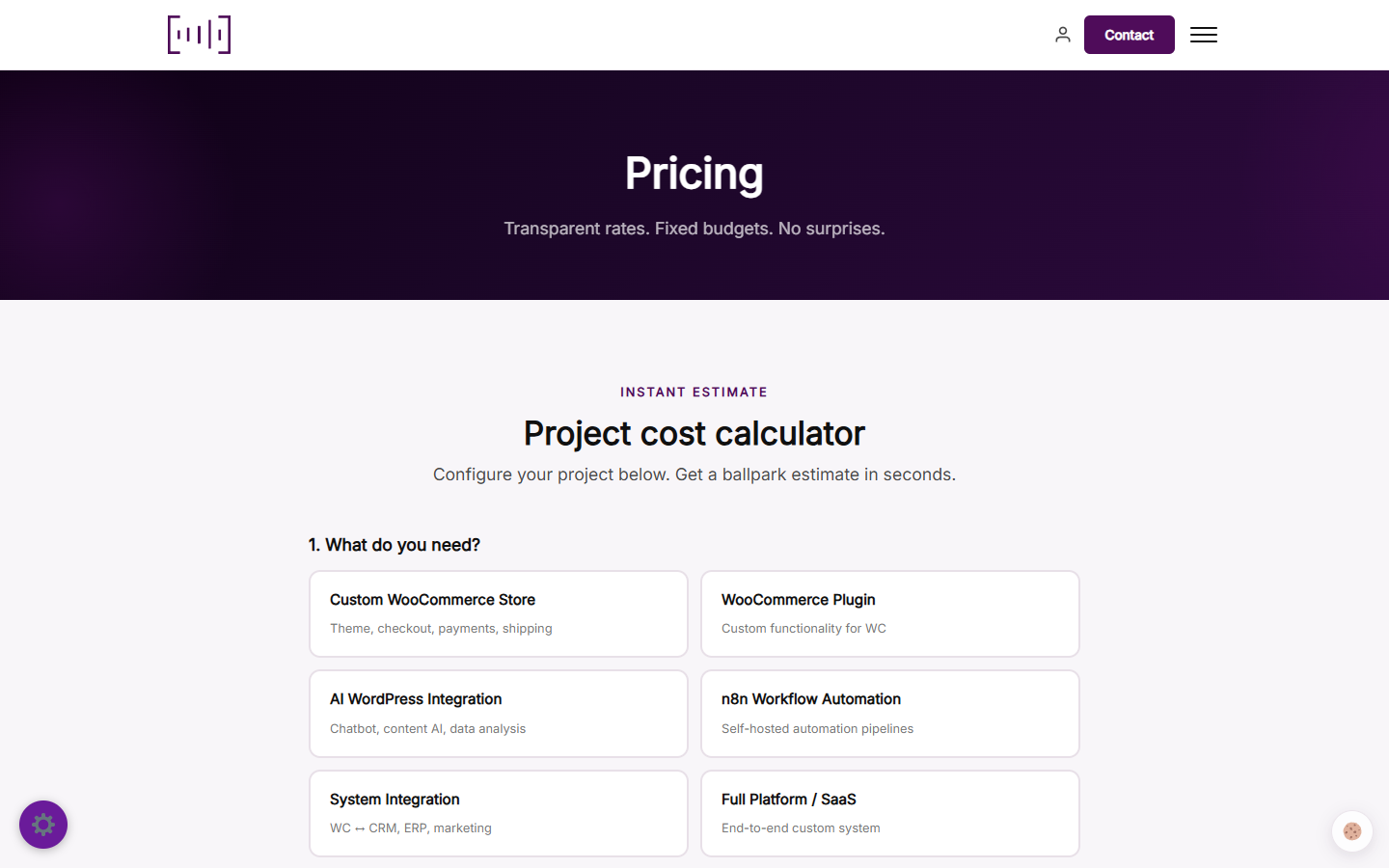 Strona cennika AutCode z kalculatorem kosztów projektu WooCommerce i AI