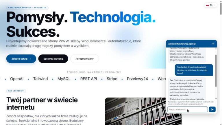 Okno czatu z chatbotem AI na stronie Kreatywnej Agencji: klient pyta, czy bot odpowiada na podstawie treści strony, i dostaje odpowiedź