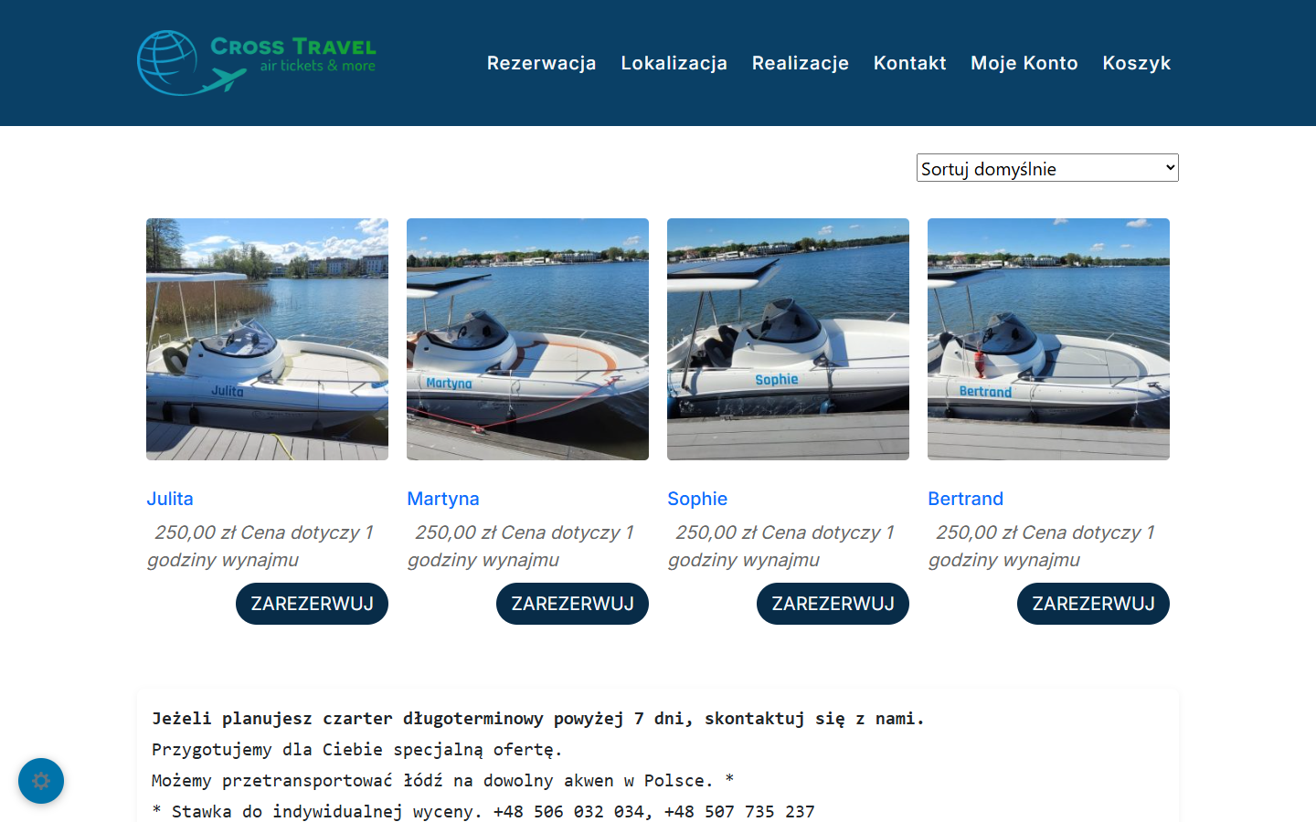 Lista łodzi QX615 w wypożyczalni Cross Travel Boat z przyciskami rezerwacji