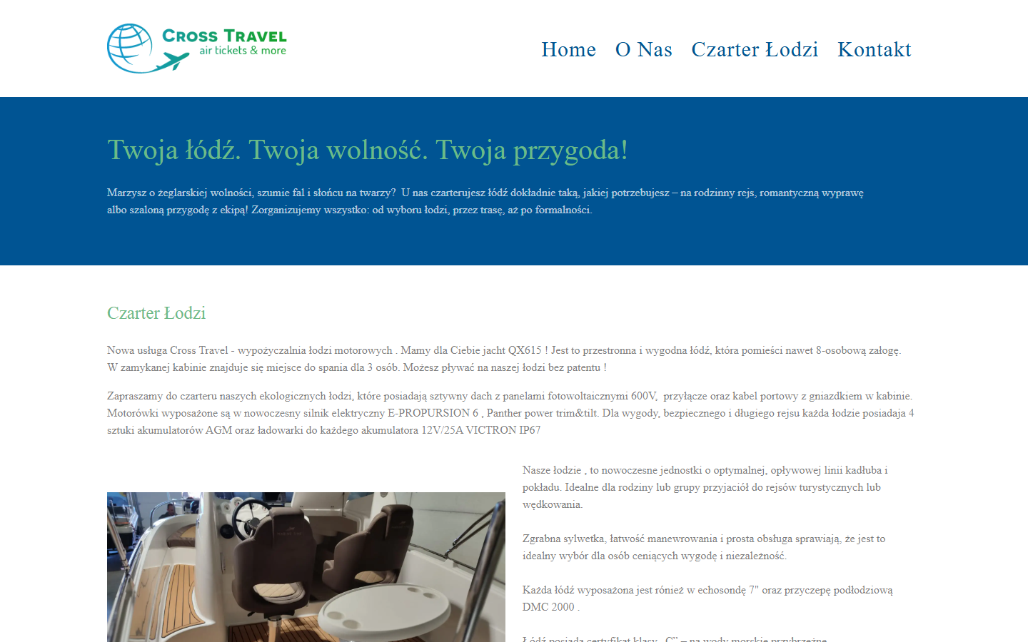 Podstrona czarteru łodzi motorowych na stronie biura podróży Cross Travel