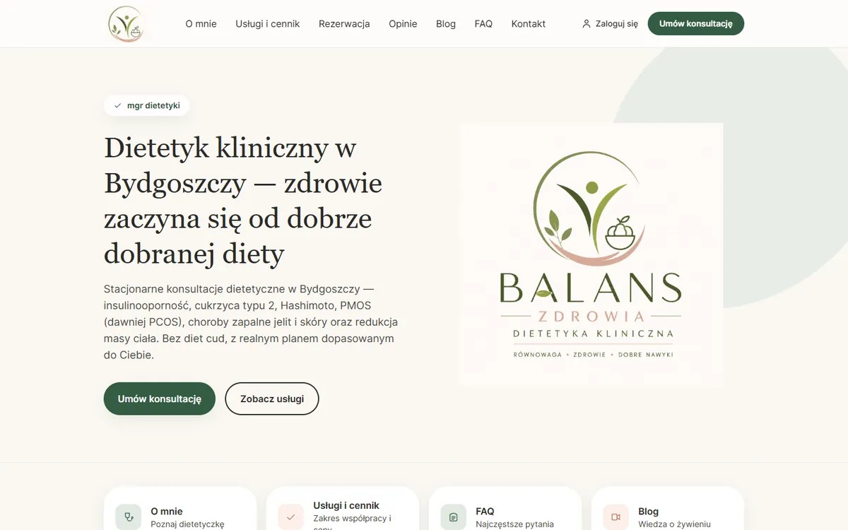 Dietetyk Bydgoszcz — Balans Zdrowia — Gabinet · Rezerwacje: zrzut ekranu strony internetowej, realizacja Kreatywnej Agencji