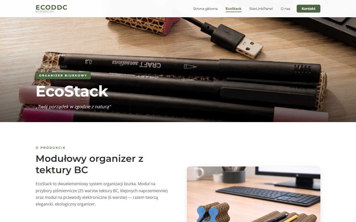 Produktseite EcoStack auf der Website von ECODDC mit Beschreibung des modularen Organizers aus BC-Pappe