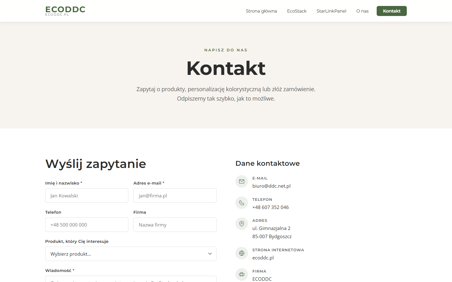 Kontaktseite von ECODDC mit Formular für Produktanfragen und Kontaktdaten des Unternehmens