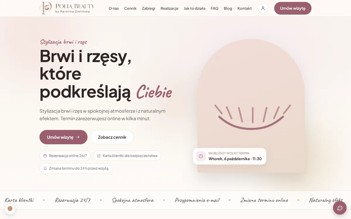 Polia Beauty — Salon beauty: zrzut ekranu strony internetowej, realizacja Kreatywnej Agencji
