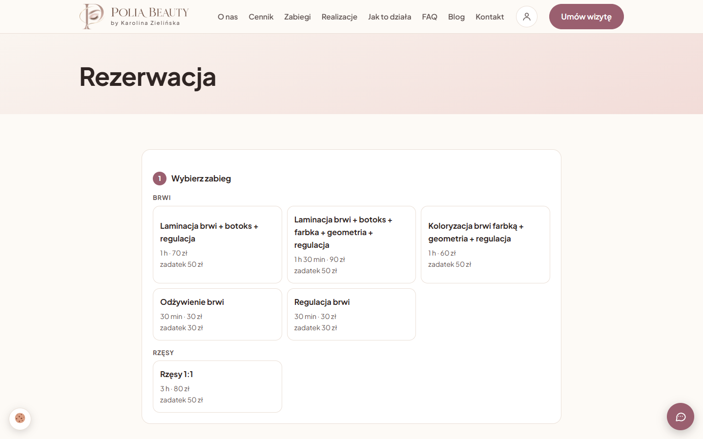 Rezerwacja online w Polia Beauty – wybór zabiegu brwi lub rzęs