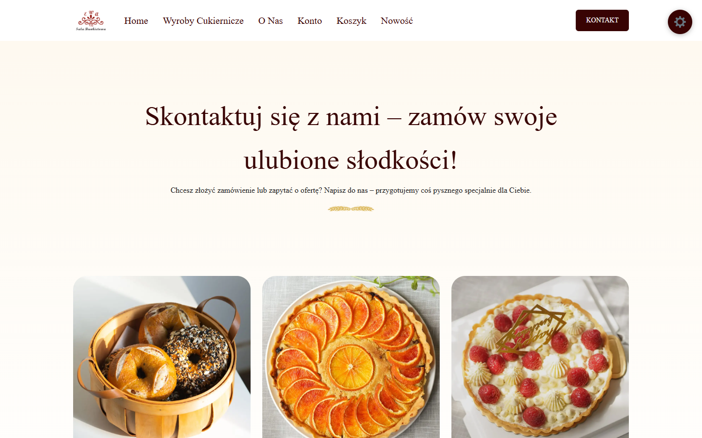 Strona kontaktowa Rynkowa Bistro z zachętą do złożenia zamówienia i zdjęciami wypieków