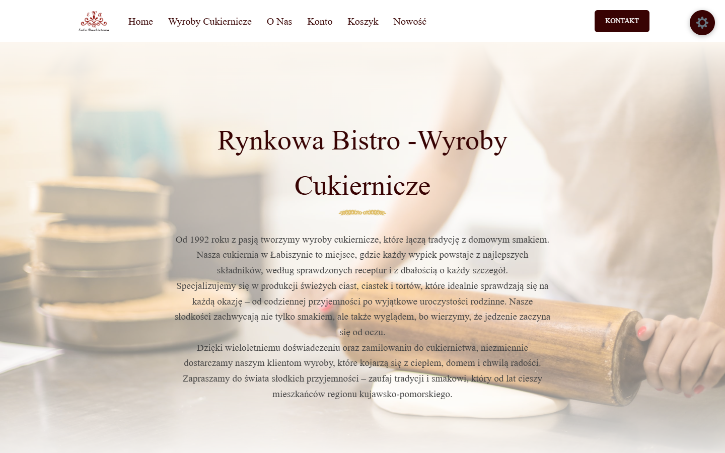 Podstrona O nas Rynkowa Bistro z historią cukierni i tłem ze zdjęciem pracy przy cieście