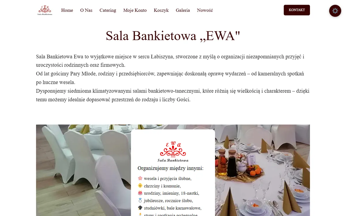 Sala Bankietowa Ewa — Gastronomia i eventy: zrzut ekranu strony internetowej, realizacja Kreatywnej Agencji