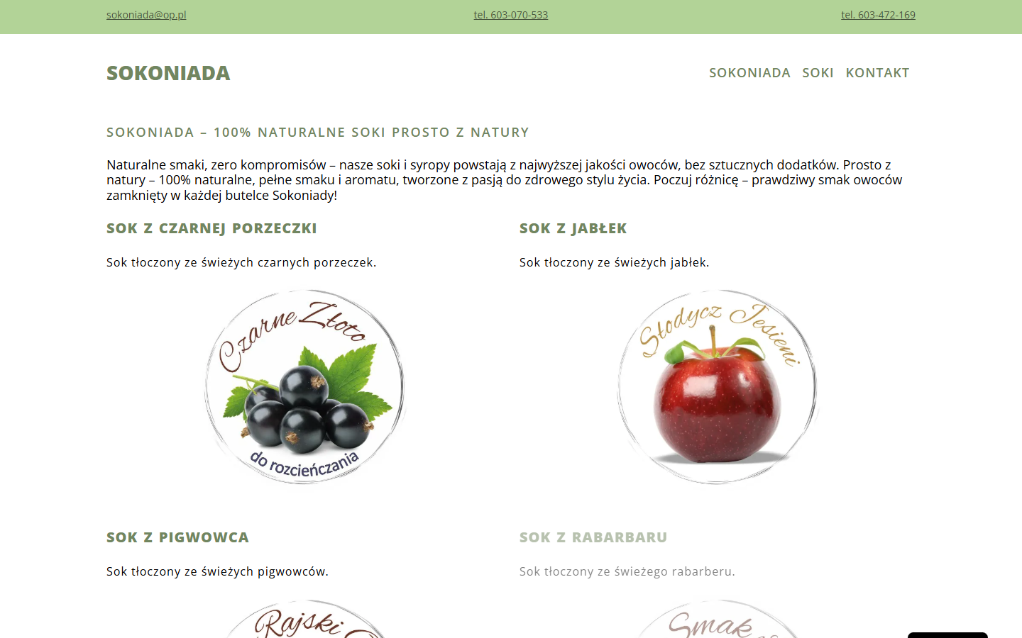 Liste der Presssäfte von Sokoniada mit Etiketten von Saft aus schwarzen Johannisbeeren und Äpfeln