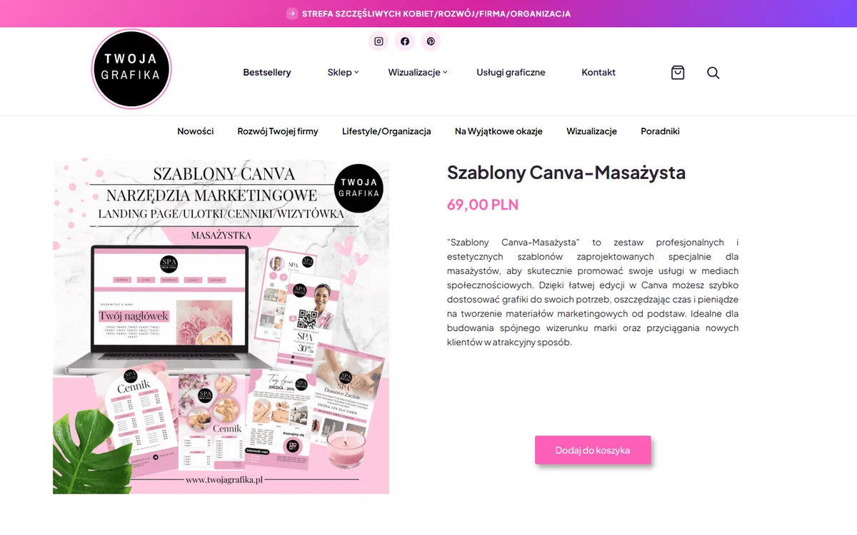Karta produktu Szablony Canva-Masażysta w sklepie Twoja Grafika z podglądem zestawu, ceną 69 zł i przyciskiem Dodaj do koszyka
