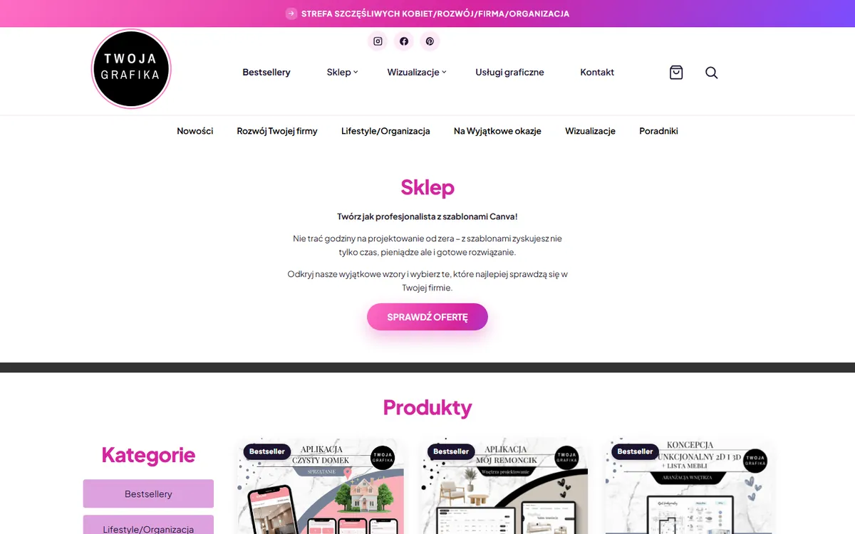 Strona sklepu Twoja Grafika z kategoriami produktów i bestsellerami: aplikacje Czysty Domek i Mój Remoncik oraz koncepcja 2D i 3D