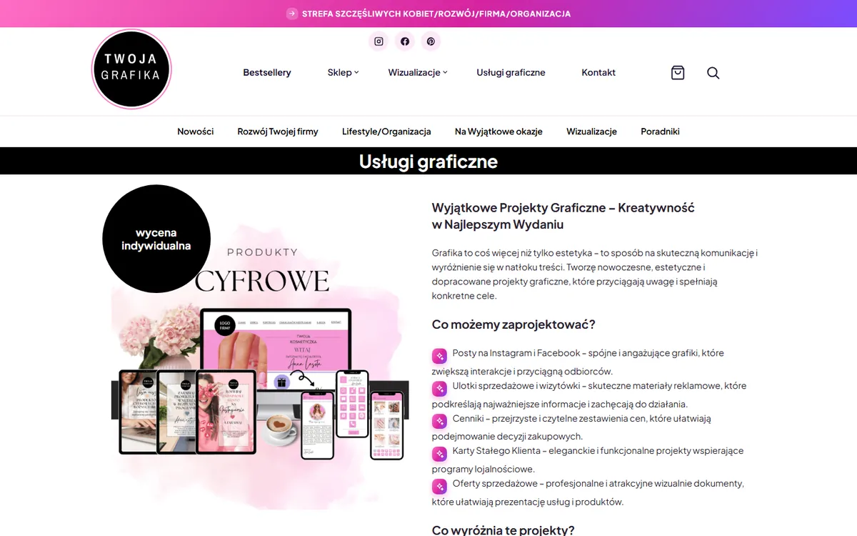 Strona usług graficznych Twoja Grafika z listą projektów do zamówienia i znaczkiem wycena indywidualna