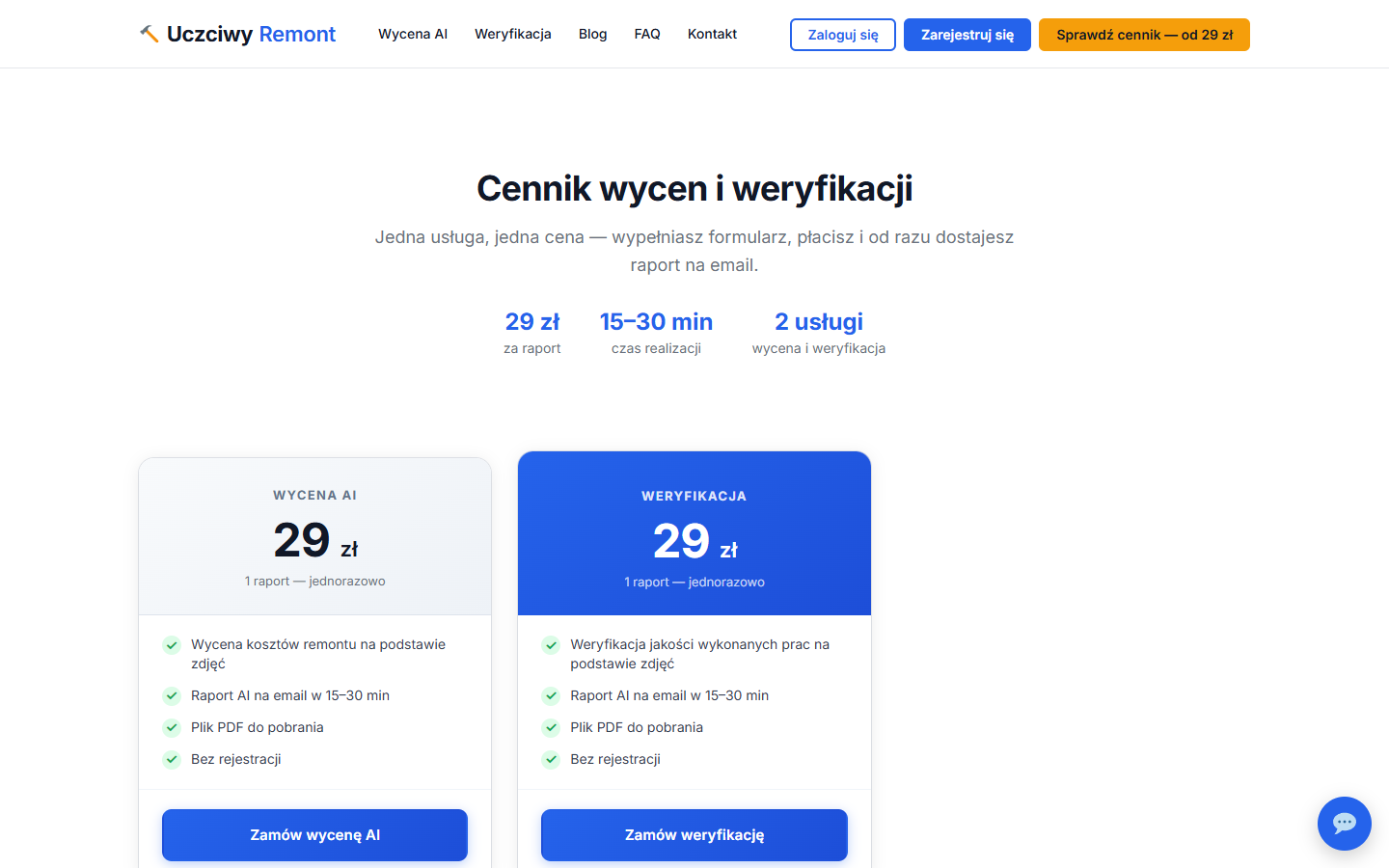 Cennik wyceny AI i weryfikacji jakości prac budowlanych, dwie usługi po 29 zł za raport