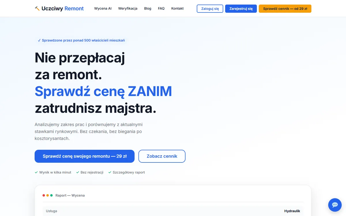 Uczciwy Remont — Serwis z AI: zrzut ekranu strony internetowej, realizacja Kreatywnej Agencji