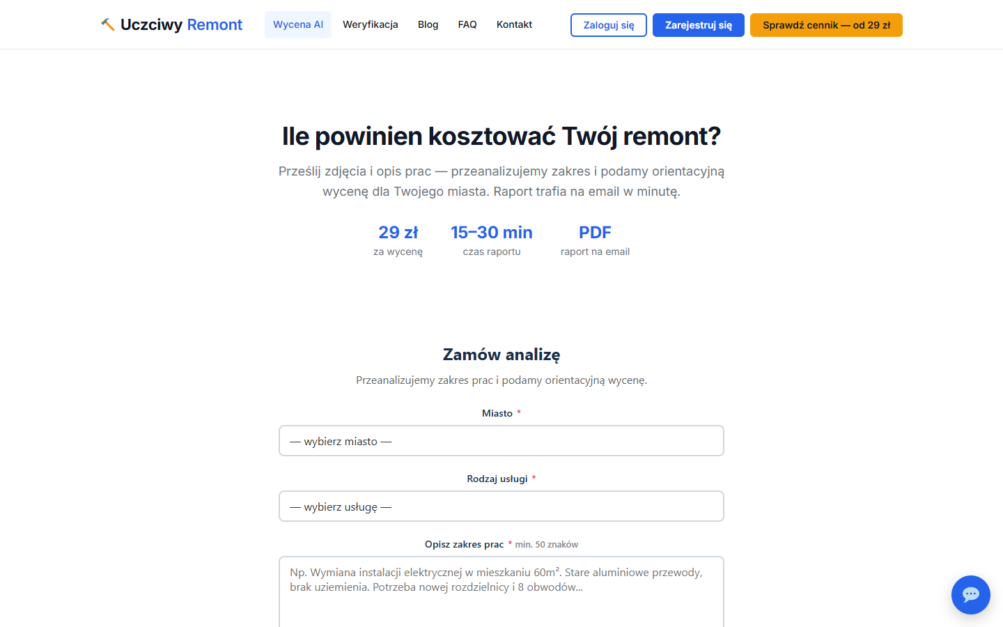 Formularz wyceny AI remontu na stronie uczciwyremont.pl z wyborem miasta, usługi i opisem prac